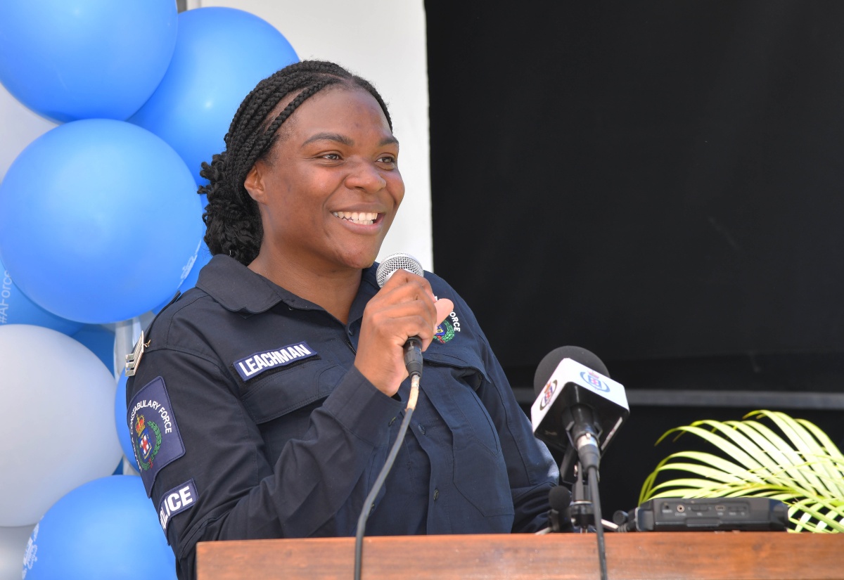 New Head of the St. Catherine-based Guanaboa Vale police station, in St. Catherine, Sergeant Navelette Davis-Leachman, addresses the station’s Social Action Day, on April 26.