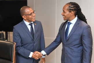 Minister of State in the Ministry of Foreign Affairs and Foreign Trade, Hon. Alando Terrelonge (right), greets Biennial Conference Chair, President and Chief Executive Officer of the VM Group, Courtney Campbell, at a recent meeting held at the Ministry of Foreign Affairs and Foreign Trade, 2 Port Royal Street, Kingston.