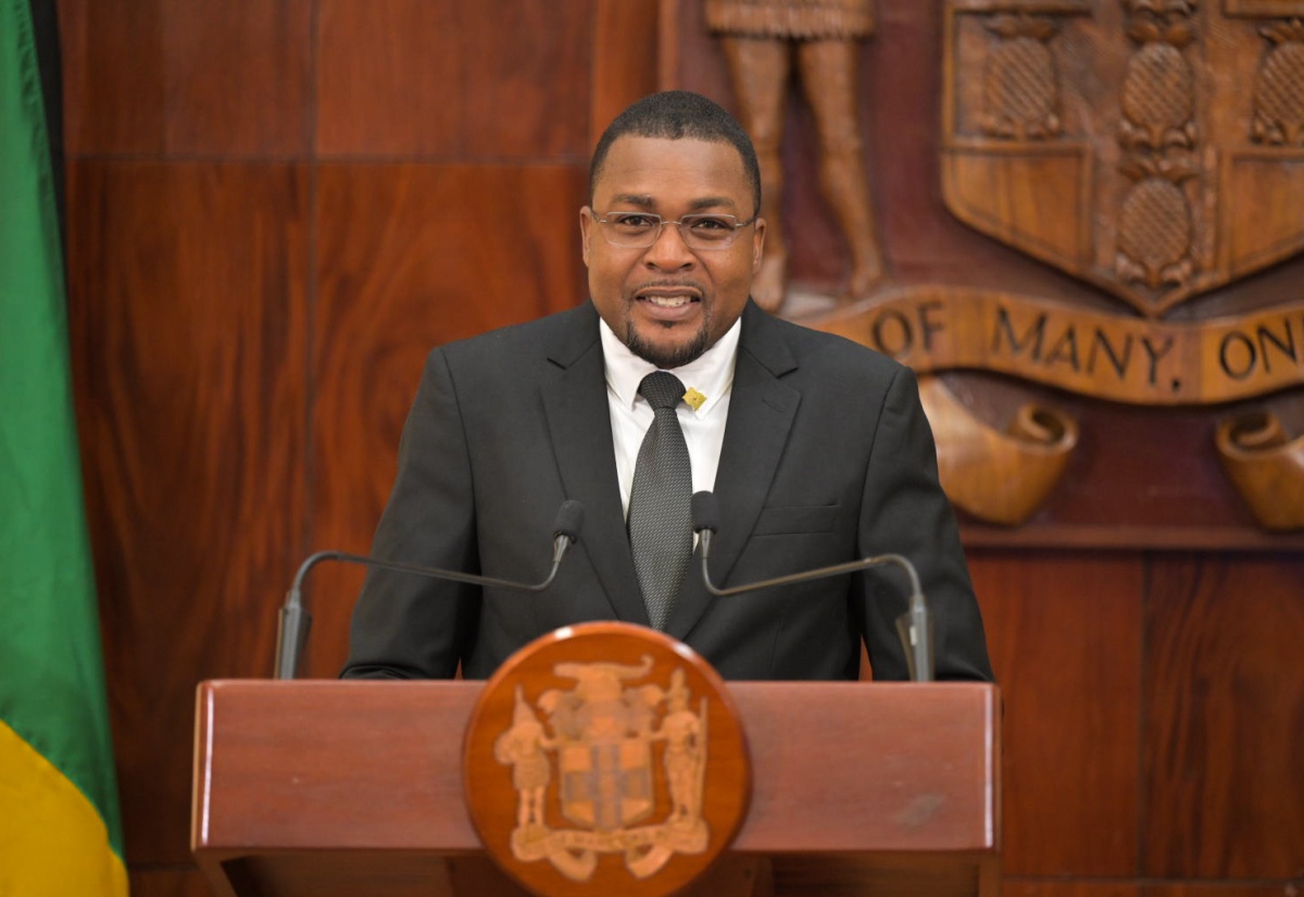 Minister without Portfolio in the Office of the Prime Minister with responsibility for Information, Hon. Robert Morgan, addressing Wednesday’s (April 17) post-Cabinet press briefing at Jamaica House.