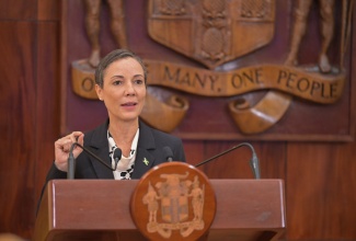 Minister of Foreign Affairs and Foreign Trade, Senator the Hon. Kamina Johnson Smith, addresses today’s (April 17) post-Cabinet press briefing at Jamaica House.