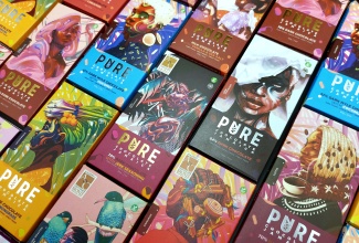 A variety of chocolate bars that are produced by Pure Chocolate Jamaica and designed by local artists.

