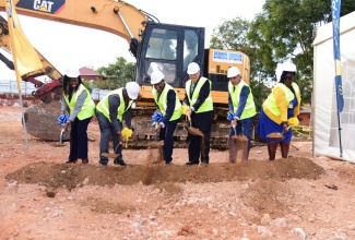 Ground was broken for a new Christiana tax office in Manchester, on February 23. Taking part (from left) are Regional General Manager, Tax Administration Jamaica (TAJ), Althea Scott-Jones; Commissioner General, TAJ, Ainsley Powell; Minister of Finance and the Public Service, Dr. the Hon. Nigel Clarke; Member of Parliament, Manchester North East, Hon. Audley Shaw;  Chairman, TAJ Board, Paul Lalor, and Senior Manager, Christiana Tax Office, Claudette Gayle Foster.