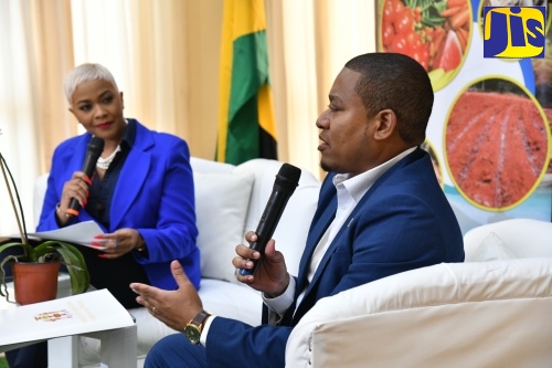 Minister of Agriculture, Fisheries and Mining, Hon. Floyd Green (right), speaks at a post-Sectoral press conference, held at Jamaica House on May 22. At left is media personality, Debbie Bissoon.