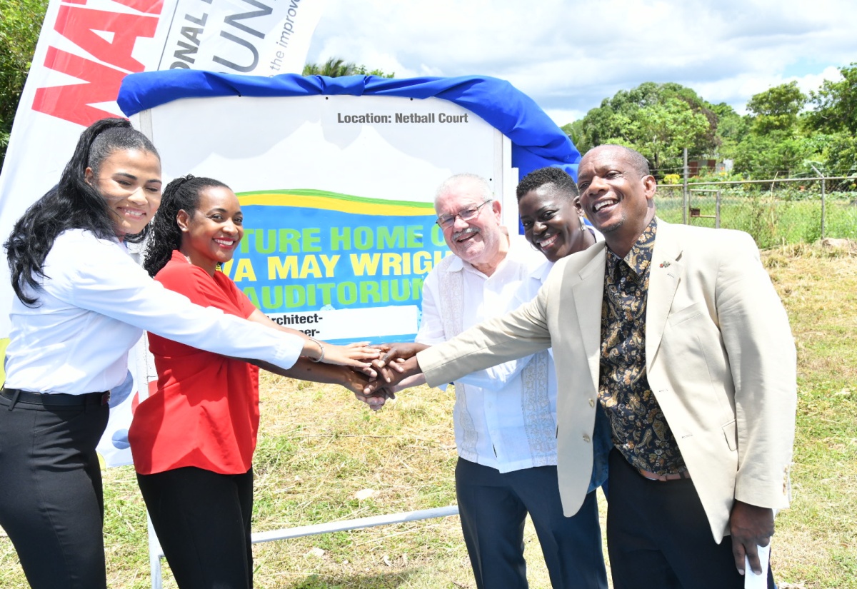 Minister of State in the Ministry of Education and Youth, Hon. Marsha Smith (second left), participates in the official launch of the building project for the Eva May Wright Auditorium at New Forest High School in Manchester on May 23. Others from left are: Executive Director, National Baking Company Foundation, Lauri-Ann Samuels; Eva May Wright’s son,  Joseph Wright; Retail Business Manager, ARC Manufacturing, Diana Johnson; and Principal of New Forest High School, Arnaldo Allen.