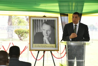 Prime Minister, the Most Hon. Andrew Holness, delivers the keynote address during a floral tribute in honour of late former Prime Minister, the Most Hon. Edward Seaga, at National Heroes Park in Kingston on Tuesday (May 28). The event marked Mr. Seaga’s 94th birthday and the fifth anniversary of his passing. 