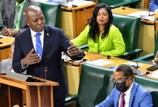 Minister of Labour and Social Security, Hon. Pearnel Charles Jr., makes his contribution in the 2024/25 Sectoral Debate in the House of Representatives, on Wednesday (May 29). Seated behind the Minister is his sister and Member of Parliament for St. Thomas Eastern, Dr. Michelle Charles, and seated at right is Minister of State in the Ministry, Dr. the Hon. Norman Dunn.