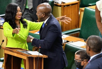 Minister of Labour and Social Security, Hon. Pearnel Charles Jr. (right), is greeted by his sister and Member of Parliament for St. Thomas Eastern, Dr. Michelle Charles, following his contribution to the 2024/25 Sectoral Debate in the House of Representatives on Wednesday (May 29).