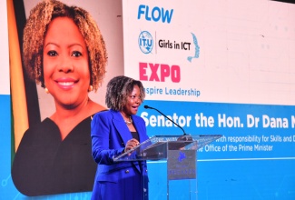Minister without Portfolio in the Office of the Prime Minister with Responsibility for Skills and Digital Transformation, Senator Dr. the Hon. Dana Morris Dixon, addresses the opening ceremony of the FLOW Girls in ICT Day Expo at The Jamaica Pegasus hotel in New Kingston on Thursday (April 25). The Expo was attended by approximately 300 high-school girls from across the country with an interest in ICT.

