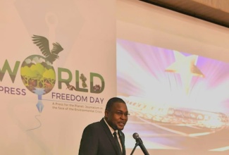 Minister without Portfolio in the Office of the Prime Minister with responsibility for Information, Hon. Robert Morgan, addressing the World Press Freedom Day gala in Georgetown, Guyana, on May 3.