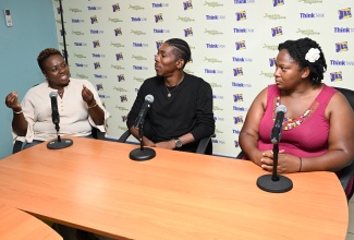 Founder, Black River Film Festival, Dr. Ava Brown (left), is joined by Jamaican Actor, Cornelius Orlando Grant, and Festival Project Manager, Kenya Uter-Morrison, during a Jamaica Information Service (JIS) ‘Think Tank’ at the agency