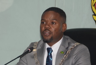 Mayor of Montego Bay, Councillor Richard Vernon, addresses the St. James Municipal Corporation’s monthly meeting on Thursday (May 9). 