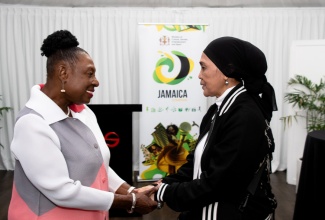 The Minister of Culture, Gender, Entertainment and Sport, the Honourable Olivia Grange (left), meets the Indonesian fashion designer, Indah Darry, who is in Jamaica to lead a free workshop in the Art of Indonesian Batik Making.