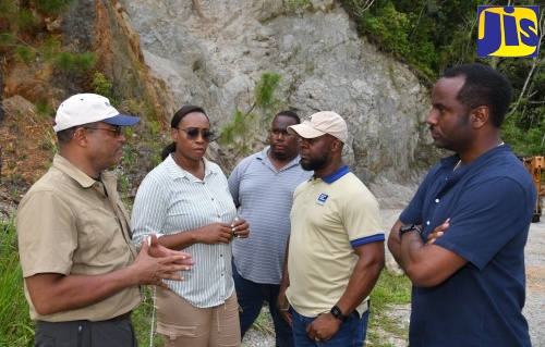 Member of Parliament for East Rural St. Andrew, the Most Hon. Juliet Holness, listens to Managing Director, Water Resources Authority (WRA), Peter Clarke (left), during a tour of water projects in the constituency on Friday (May 24). Also on the tour (from centre) are: Engineer, WRA, Paul Cummings; Vice President, National Water Commission (NWC), Herman Fagan; and Water Supply Manager, NWC, Chadron Stern.