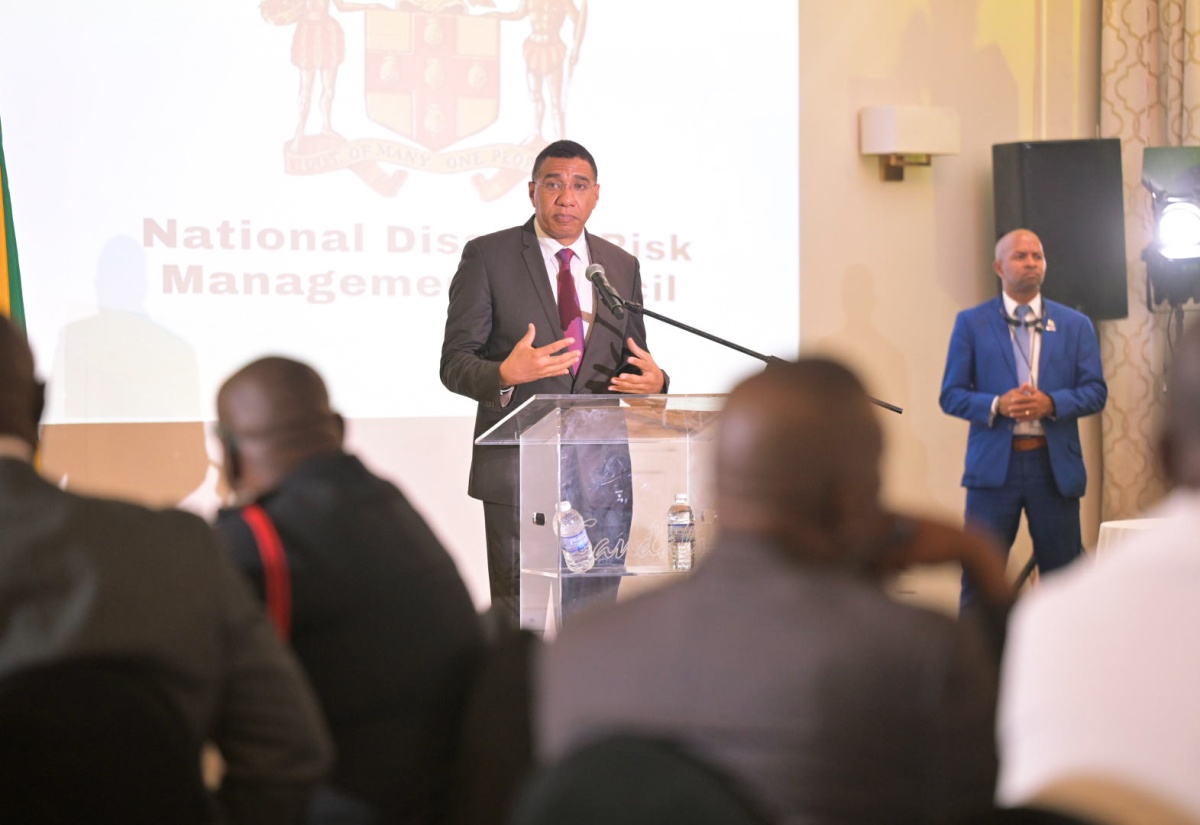 Prime Minister, the Most Hon. Andrew Holness, addresses the National Disaster Risk Management Council Meeting at Sandals Ochi Beach Resort in St. Ann, on Wednesday, May 29.