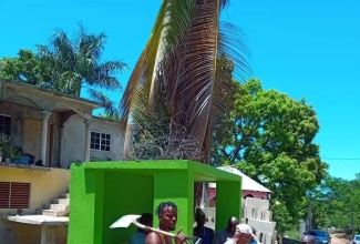 Volunteers from the Exchange District in St. Ann paint the bus stop in Jamaican colours on Labour Day, May 23.


