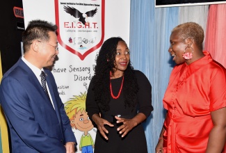 Minister of State in the Ministry of Education and Youth, Hon. Marsha Smith (centre), engages with Ambassador of the People’s Republic of China to Jamaica, His Excellency Chen Daojiang (left) and Principal of the Earnest Institute for the Gifted, Hyperactive and Talented, Natasha Russell (right), at the official unveiling of the institution located at 143 King Street, Kingston, on Tuesday (May 21).  The Earnest Institute is a special education institution catering to unique learning needs.