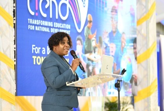 Acting Chief Educational Transformation Officer at the Ministry of Education and Youth, Sophia Forbes Hall, addresses the TREND Teacher Sensitisation and #HowWeTREND Initiative for the Ministry’s Regions Five and Seven at the Kendal Conference Centre in Manchester on Tuesday (June 25).