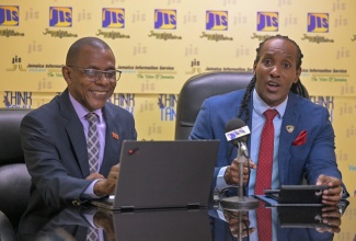 Minister of State in the Ministry of Foreign Affairs and Foreign Trade, Hon. Alando Terrelonge, addresses a recent JIS Think Tank. At left is Chairman of the 10th Jamaica Biennial Diaspora Conference, Courtney Campbell.