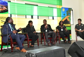 Community Relations Officer, Jamaica Consulate General, New York, Christopher Benjamin (left), moderates the Passport, Immigration and Citizenship Agency (PICA) luncheon Plenary at the 10th Biennial Jamaica Diaspora Conference, held at the Montego Bay Convention Centre in St. James on Tuesday (June 18). Others (from second left) are Deputy Chief Executive Officer for Corporate Services at PICA, Clover Roberts; Director, Immigration at PICA, Ezra Whittock; Director Citizenship Services, PICA, Carol Hammond, and Director, Passport Services at PICA, Stephanie Gordon.

