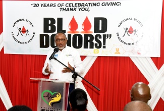 Permanent Secretary in the Ministry of Health and Wellness, Dunstan Bryan, addresses a World Blood Donor Day event, today (June 14), at the National Blood Transfusion Service (NBTS), on Slipe Road, in Kingston.

