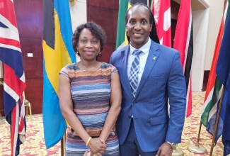 State Minister in the Ministry of Foreign Affairs and Foreign Trade, Hon. Alando Terrelonge (right) with Global Jamaica Diaspora Council member and Education Sector Leader, Dr. Sandra Colly Durand, following the unveiling of the Jamaica Diaspora Mentorship Academy at the recently held 10th Biennial Jamaica Diaspora Conference at the Montego Bay Convention Centre in St. James.