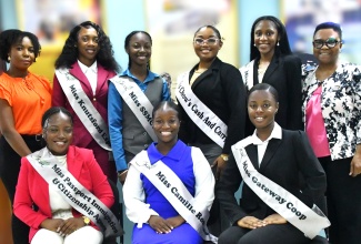 Acting Manager at the Jamaica Information Service (JIS) Montego Bay Regional Office, Nickieta Sterling (standing left) and Special Projects Manager, Sharon Earle (standing right), host contestants in the Miss St. James Festival Queen Competition, during a courtesy call at the office on Wednesday (June 12). The visit was part of the contestants’ grooming and training regime ahead of the coronation show on June 29 at the Montego Bay Cultural Centre starting at 8:00 p.m. The ladies vying for the parish crown are back row (from left) Miss Knutsford Express, Yasheeka Watson; Miss SSMC Xpress, Mikala Brown; Miss Chow's Cash and Carry, Kimberly Simms; and Miss B&S Shuttercare & More, Aneika Ferguson. Seated are (from left): Miss Passport, Immigration and Citizenship Agency, Toni-Shea Grey; Miss Camille Rose Naturals, Djaunel Lawrence;  Miss Gateway Co-operative Credit Union, Jada Bullock. The pageant is organised by the St. James office of the Jamaica Cultural Development Commission (JCDC).

