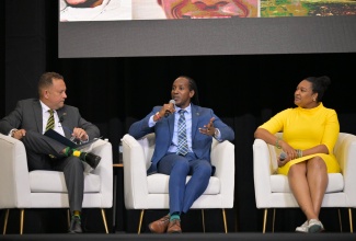 Minister of State in the Ministry of Foreign Affairs and Foreign Trade, Hon. Alando Terrelonge (centre), addresses a Plenary Session, today (June 19), at the 10th Biennial Jamaica Diaspora Conference, being held at the Montego Bay Convention Centre in Rose Hall, St. James. With the State Minister are Vice Chair of the Global Jamaica Diaspora Council (GJDC), Dr. Shauna Chin,  and Consul-General of Jamaica, in Miami, Oliver Mair.

