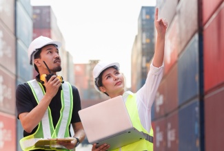 Customs officers conducting inspections of containers within the container yard. 