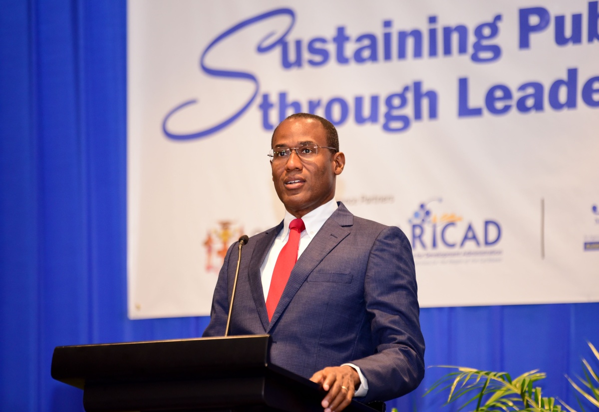 Minister of Finance and the Public Service, Dr. the Hon. Nigel Clarke, addresses the Management Institute for National Development (MIND) Regional Public Sector Leadership Development Conference opening ceremony on July 10, at The Jamaica Pegasus hotel, New Kingston.