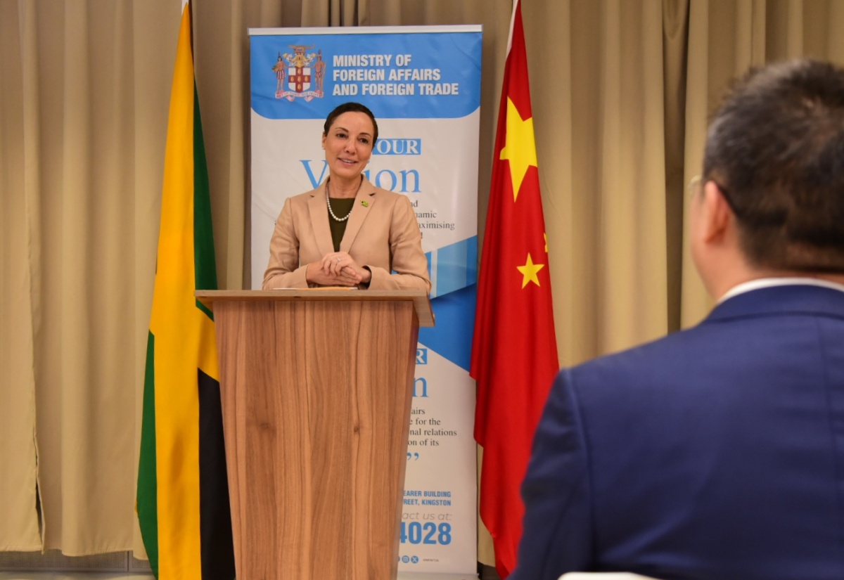 Minister of Foreign Affairs and Foreign Trade, Senator the Hon. Kamina Johnson Smith, delivers remarks during the ceremony for the presentation of a cheque valued at $7.5 million by the Government of the People’s Republic of China, to Jamaica to assist with Hurricane Beryl recovery efforts. The event was held at the Ministry’s downtown Kingston offices on Tuesday (July 16).

