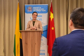 Minister of Foreign Affairs and Foreign Trade, Senator the Hon. Kamina Johnson Smith, delivers remarks during the ceremony for the presentation of a cheque valued at $7.5 million by the Government of the People’s Republic of China, to Jamaica to assist with Hurricane Beryl recovery efforts. The event was held at the Ministry’s downtown Kingston offices on Tuesday (July 16).
