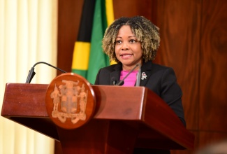 Minister without Portfolio with responsibility for Information, Skills and Digital Transformation, Senator Dr. the Hon. Dana Morris Dixon, responds to a question at Wednesday’s (July 24) post-Cabinet press briefing at Jamaica House.