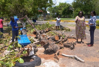 Principal of the Toll Gate Primary School, Rev. Carol Brown-Clarke (second right), makes a point to Education Officer at the Ministry of Education and Youth, Raquel Ranger Cowan (right), during the removal of debris from the school, on July 9.