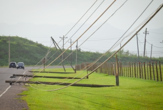 Downed power lines along a section of roadway in Hayes, Clarendon. 