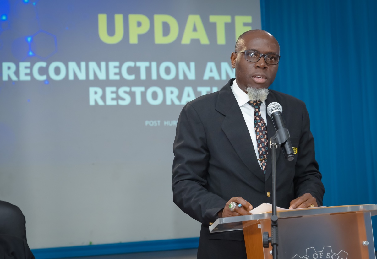 Communications and Customer Service Manager at the National Works Agency (NWA), Stephen Shaw, addresses the Ministry of Science, Energy, Telecommunications and Transport’s July 8 press conference at the Petroleum Corporation of Jamaica (PCJ) Auditorium in New Kingston.