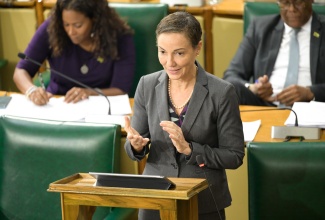 Minister of Foreign Affairs and Foreign Trade and Leader of Government Business in the Upper House, Senator the Hon. Kamina Johnson Smith, addresses Friday’s (July 19) sitting of the Senate at Gordon House.