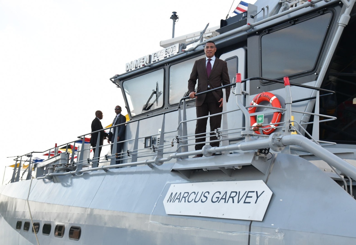 Prime Minister, the Most Hon. Andrew Holness (right), aboard the newly commissioned His Majesty’s Jamaican Ship (HMJS) Marcus Garvey, following a commissioning ceremony on July 30 at Port Royal pier.
