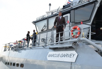 Prime Minister, the Most Hon. Andrew Holness (right), aboard the newly commissioned His Majesty’s Jamaican Ship (HMJS) Marcus Garvey, following a commissioning ceremony on July 30 at Port Royal pier.