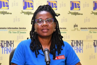Head of the Anti-trafficking in Persons Unit at the Counter-Terrorism and Organised Crime Investigations Branch within the Jamaica Constabulary Force (JCF), Detective Inspector Kimesha Gordon, speaks at a Jamaica Information Service (JIS) Think Tank, on July 29.