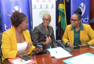 Minister of Education and Youth, Hon. Fayval Williams (centre), and Permanent Secretary in the Education Ministry, Dr. Kasan Troupe (right), converse with Executive Director, National Education Trust (NET), Latoya Harris-Ghartey, during Friday’s (July 19) Hurricane Beryl Disaster Recovery Plan for the Education Sector press conference. The event was held at the Ministry’s offices in Kingston.