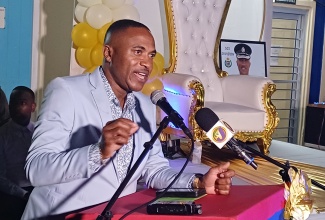 Newly installed commander of the Area Five Police Division, Acting Assistant Commissioner of Police (ACP), Christopher Phillips, addresses a function at the Greater Portmore Police Station, where he was recently honoured for sterling leadership of the St. Catherine South Division.