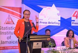 Deputy Director General of the Statistical Institute of Jamaica (STATIN), Leesha Delatie-Budair, makes a presentation during Wednesday’s (July 17) Media Launch of the Revised Labour Force Survey, and Press Briefing, held at the Jamaica Pegasus Hotel, in New Kingston.