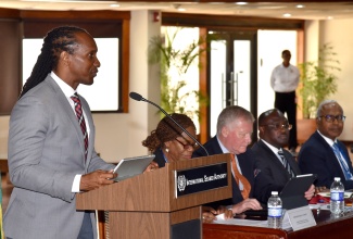 State Minister in the Ministry of Foreign Affairs and Foreign Trade, Hon. Alando Terrelonge, delivers remarks during a side event to commemorate the 30th anniversary of the International Seabed Authority (ISA), at the Jamaica Conference Centre in Kingston on Tuesday (July 30).