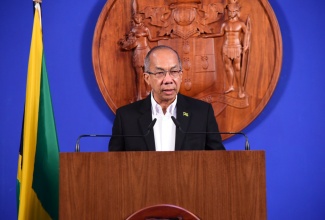 Deputy Prime Minister and Minister of National Security, Hon. Dr. Horace Chang, addressing an emergency press conference held on Monday (August 12) at the Office of the Prime Minister.

