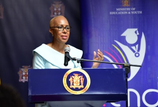 Minister of Education and Youth, Hon. Fayval Williams, addresses Monday’s (August 26) press conference to provide a report on Jamaica’s performance in the May/June 2024 CSEC and CAPE examinations, at the Ministry’s offices in Kingston.

