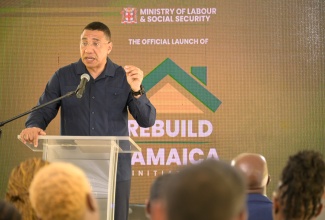 Prime Minister, the Most Hon. Andrew Holness, addresses Monday’s (August 5) launch of the Rebuild Jamaica Initiative, at the Ministry of Labour and Social Security in downtown Kingston. Under the Initiative, Jamaicans whose homes were damaged or destroyed during the recent passage of Hurricane Beryl will receive relief grants from the Government.