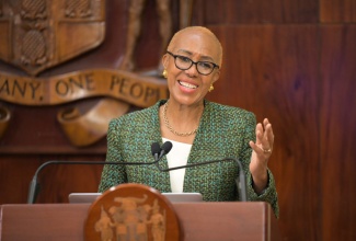 Minister of Education and Youth, Hon. Fayval Williams, addresses Wednesday’s (August 28) post-Cabinet press briefing at Jamaica House.