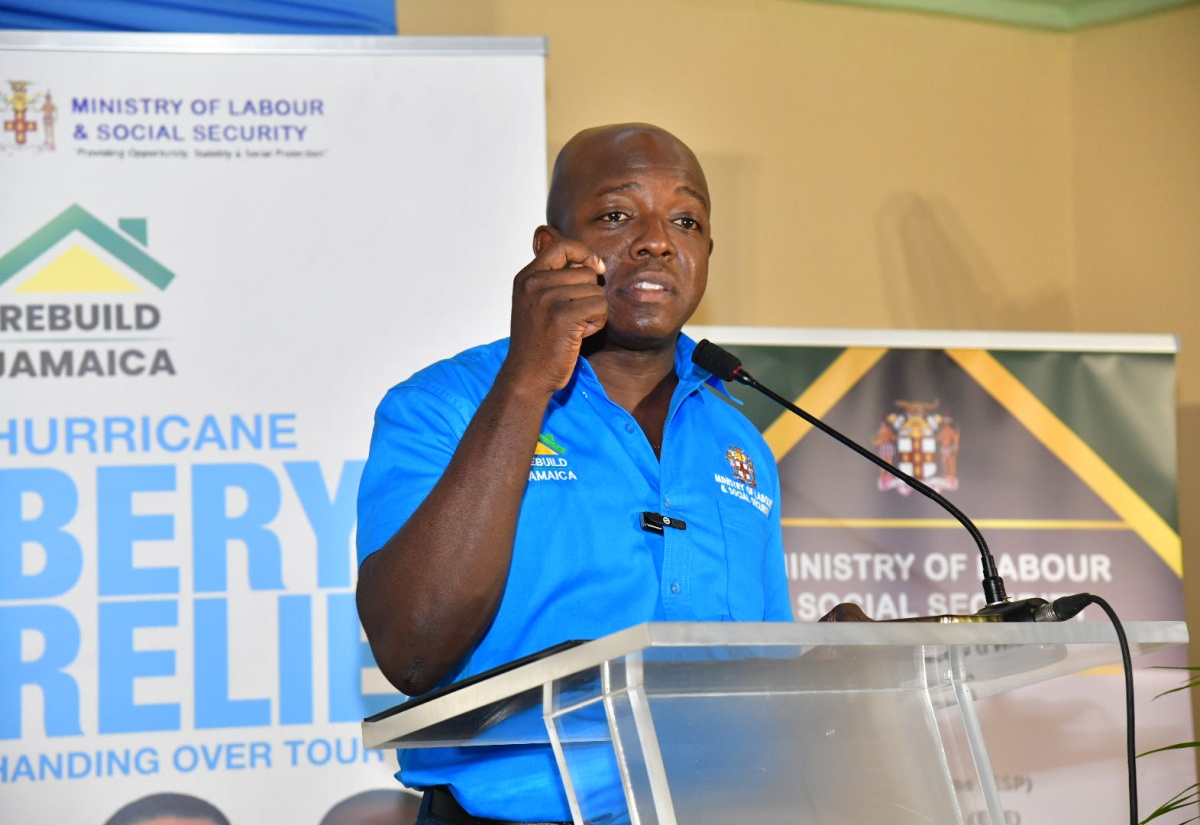Minister of Labour and Social Security, Hon. Pearnel Charles Jr., addresses a ‘Rebuild Jamaica’ handover ceremony at Hotel Tim Bamboo in Port Antonio on September 4.