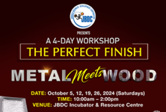 Official flyer for the Jamaica Business Development Corporation (JBDC) ‘The Perfect Finish’ workshop series to be held on October 5, 12 19 and 26, at its Incubator & Resource Centre located at 76 Marcus Garvey Drive in Kingston. The sessions will focus on merging metal and wood to make jewellery.