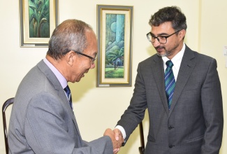 Deputy Prime Minister and Minister of National Security, Hon. Dr. Horace Chang (left), greets India’s High Commissioner to Jamaica, His Excellency Shri Mayank Joshi, during the diplomat’s courtesy call at the Ministry’s offices in Kingston on September 3.